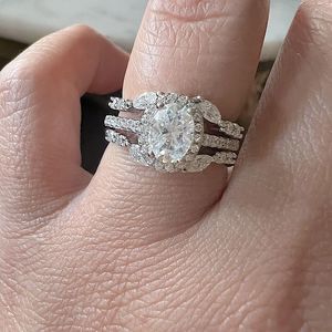 Vintage style oval halo engagement ring 3pcs set